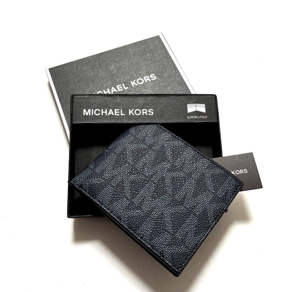 NWT 3pc MICHAEL KORS Slim Billfold Wallet Set Black Gray / Brown Navy Logo Boxed - Picture 3 of 16